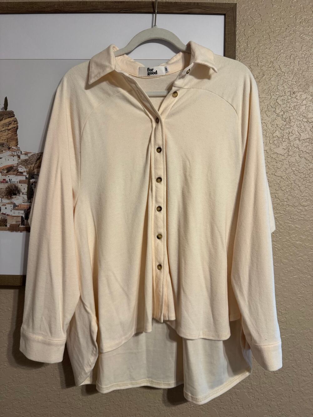 For Good Women's Size Medium Cream Knit Oversized High Low Button Up Top